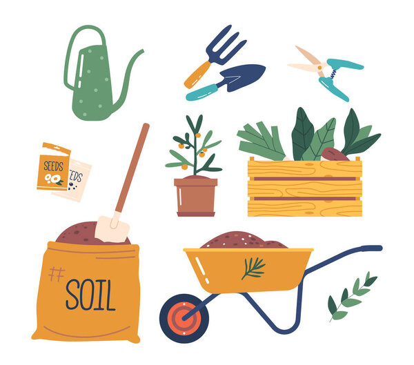 Set of Isolated Gardening Items, Sack with Soil, Seeds, Wheelbarrow and Wooden Box with Ripe Vegetable Crop, Rake, Scissors and Shovel Tools, Potted Plant and Watering Can. Cartoon Vector Illustration