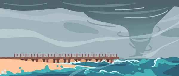 Natuurlijke Ramp Een Orkaan Zee Met Pier Ontketent Felle Winden — Stockvector