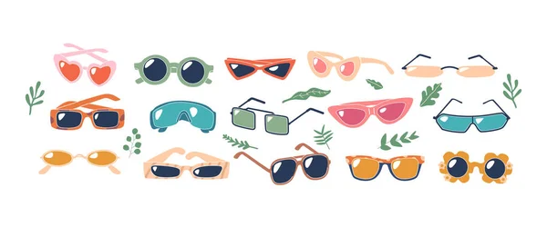 Stylish Set Sunglasses Featuring Sleek Frames Protective Lenses Perfect Shielding — Stock Vector