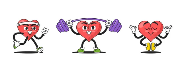 Sevimli Karikatür Kalp Karakterleri Çeşitli Spor Yoga Aktivitelerine Katılır Sağlıklı — Stok Vektör