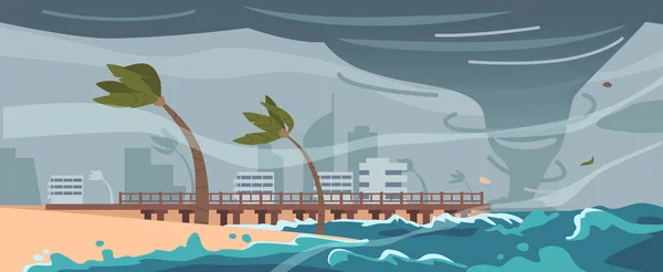 一个沿海城市附近的海上强烈飓风刮起大风和暴雨 造成大面积破坏 并对社区构成严重威胁 卡通矢量图解 — 图库矢量图片