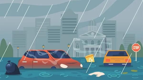 Természetes Árvíz Katasztrófa Város Víz Alá Merül Káosz Alakul Özönvíz — Stock Vector