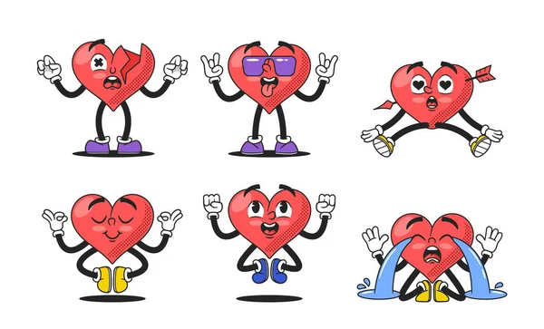 Collection Of Cartoon Heart Characters. Cool, Broken, Fall in Love, Meditate, Crying Emotions, And Expressions, Perfect For Conveying Love And Joy In Various Creative Projects. Vector Illustration