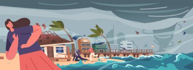 Karakterler Şehirde Güvenlik Ararken Deniz Kasırgası Öfkesinden Kaçıyorlar. Doğanın gazabından kaçmak umuduyla çalkantılı sulardan kaçarken çaresizlik, kaçışlarını körüklüyor. Çizgi film İnsanları Vektör İllüstrasyonu