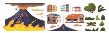Icons Volkanik Patlaması. Erimiş Lavlar ve Gaz Bulutu, Yangın, Yol, Şehir Binaları, Ağaçlar ve Çalı Yaprakları ile Yanardağ Patlaması Beyaz Arkaplan 'da Elementleri İzole Etti. Çizgi film Vektör İllüstrasyonu