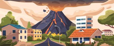 Catastrophic Volcanic Eruption Engulfed The City In Searing Lava, Ash, And Smoke, Leaving Devastation And Chaos In Its Wake. Natural Disaster, Environmental Destruction. Cartoon Vector Illustration clipart