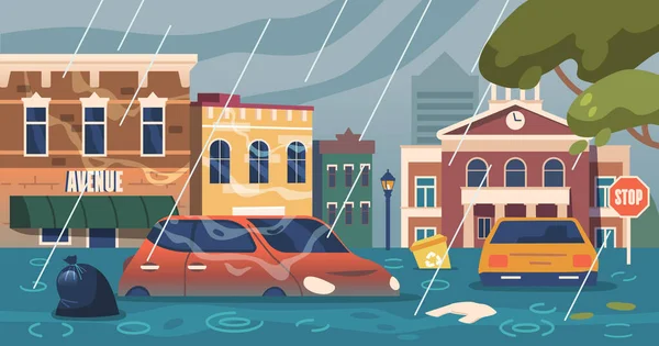 Die Stadt Versank Einer Überschwemmungskatastrophe Straßen Standen Unter Wasser Häuser — Stockvektor