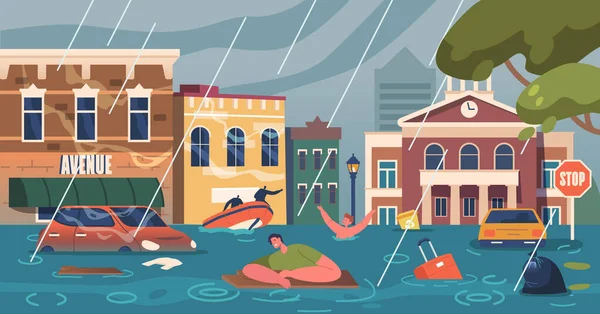 Karakters Overleven Ondergedompelde Stad Floodwaters Engulf Streets Desperation Rescue Efforts — Stockvector