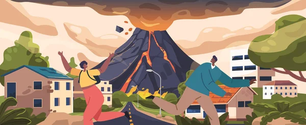 Huyendo Pánico Gente Escabulle Para Escapar Furia Inminente Erupción Volcánica — Vector de stock