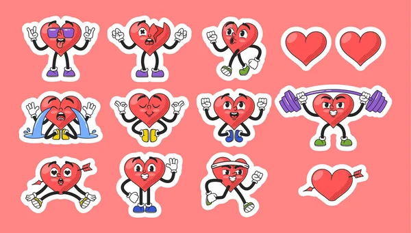 Σύνολο Αυτοκόλλητα Χαρακτήρες Καρτούν Καρδιά Προβάλλοντας Μια Σειρά Από Συναισθήματα — Διανυσματικό Αρχείο