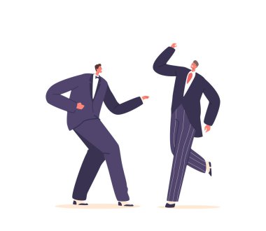 Retro Men 'in Eski Dans Büyüsü, Slick Moves, Sharp Suits ve Swing and Disco Steps' in karışımı ile özelleştirilmiş, eski çağlara dönüş karakterleri. Çizgi film İnsanları Vektör İllüstrasyonu