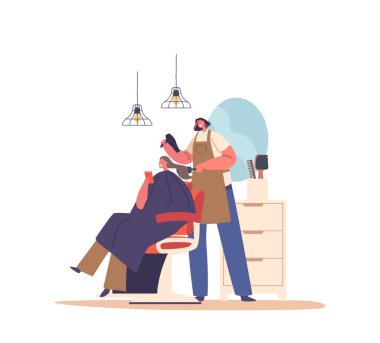 Kuafördeki Gelin, saç stili değişimini bekliyor, gözleri yetenekli ellerinin saçlarını düğün şaheserine dönüştürmesini bekliyor. Çizgi film Vektör İllüstrasyonu