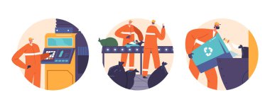 Otomatik Ayırma, Ayrıştırma ve Atık Yönetiminde İmha Edilmesini içeren, Bir Taşıyıcı Kemer Üzerinde Çöp İşçi Karakterlerinin İzole Edilmiş Yuvarlak Simgeleri veya Görselleri. Çizgi film Vektör İllüstrasyonu