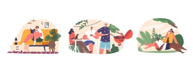 Karakterler hafta sonları dinlenir, işten dinlenir, rahatlamanın keyfini çıkarır, hobiler edinir ve sevdikleriyle zaman geçirir, önümüzdeki hafta için enerjilerini tazelerler. Çizgi film İnsanları Vektör İllüstrasyonu