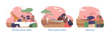 Afrika Fotoğraf Safari Turu 'nda Karakterlerle İzole Edilmiş Değişik Vahşi Yaşam ve Çarpıcı Manzaralar, Unutulmaz Afrika Macerası' ndaki İnsanlar. Çizgi film Vektör İllüstrasyonu