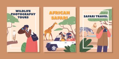 Maceraperest Gezginlerle dolu pankartlar Afrika 'yı keşfediyor. Heyecan verici bir Jeep Safari Fotoğraf Turu, Egzotik Vahşi Yaşam ve Geniş Manzaralar. Çizgi filmciler Hayvanları Vuruyor. Vektör İllüstrasyonu