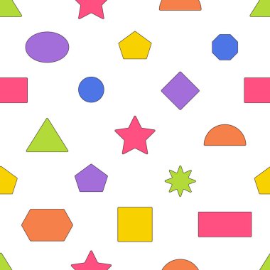 Geometrik şekilli kusursuz desenler. Tekrarlanan Kareler, Çemberler, Üçgenler, Yıldız, Dikdörtgenler veya Altıgen Şekilleri Tasarımı, Arka plan Arasında Kusursuzca Harmanlanır. Çizgi film Vektör İllüstrasyonu