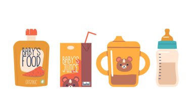 Besin zengini Bebek Yiyecekleri, Küçük Olanlar Büyüme ve Geliştirme İçin Özenle Yapılmış. Püreden mısır gevreğine, meyve sularına, şişelere ve kutulara sağlıklı bir hayata başlamak. Çizgi film Vektör İllüstrasyonu