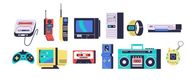 Antika Elektronik Gadget 'lar, Geçmişe Dönüş' ten Nostaljik Teknoloji Şovu. Klasik radyo, eski oyun konsolu, bilgisayar, teyp veya video kaydedici ve telefon. Çizgi film Vektör İllüstrasyonu