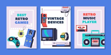 Nostaljik Retro Elektronik Gadget 'lar. Elektronik cihazların evrimini gösteren Vintage Tech 'le zamanda geriye git. Çizgi film Vektör Posterleri, Dikey Kartlar Tasarımı