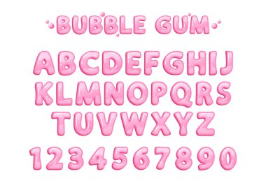 Bubble Gum Alfabesi, Oynak ve Renkli, bu yenilebilir yazı tipi, tatlı ve kaprisli tasarımlar için canlı pembe renkler ve Chewy, şekerli parlak harfler ve sayılar içeriyor. Çizgi film Vektör İllüstrasyonu