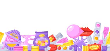Renkli Çiklet Çiğneme Baloncukları, Dragee, Tuhaf Bir Düzenlemede Paketlerin Açılışı, Canlı ve Eğlenceli Tasarım Yapıyor. Çizgi film Vektörü Yatay Kenarlık, Duvar Kağıdı