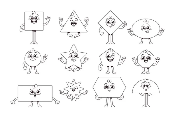 幾何学図 キャラクター 隔離線形基本図 正方形 三角形および長方形は ジオメトリ 形の認識を教えるために教育材料で使用しました ブラック ホワイトベクターセット — ストックベクタ
