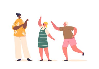 Heyecanlı çocuk karakterler keşiflerini, ilgilerini ve meraklarını paylaşmak, canlı ve etkileşimli bir atmosfer yaratmak için işaret edici jestler kullanırlar. Çocuk iletişimi. Çizgi film Vektör İllüstrasyonu