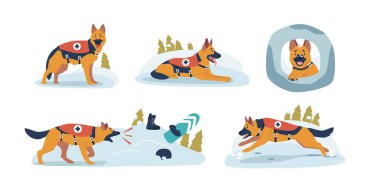 Brave Rescue Dog, Navigating Treacherous Snowy Mountains, Embodies Unwavering Determination And Heroism, Tirelessly Searching For Those In Need Amidst The Icy Wilderness. Cartoon Vector Illustration clipart