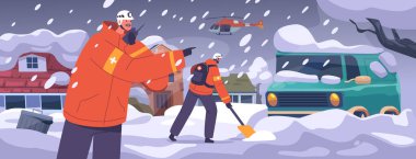 Kırsal bölgede çalışan kendini adamış Kurtarma Karakterleri Tehlike Tipi 'nden muzdarip, Tehlikede olanlara Yardım Ediyor. Kahraman insanlar, doğal bir felaketin karşısında hayatlarını kurtarıyor. Çizgi film Vektör İllüstrasyonu