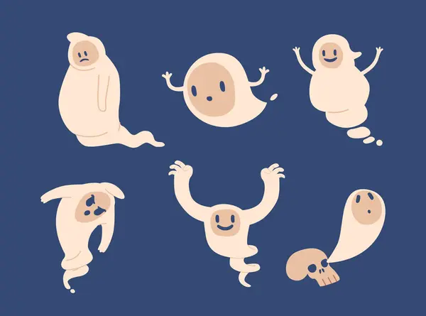 Personagens Monstro Fantasma Halloween Fantasmas Adoráveis Com Charme Travesso Brincalhamente — Vetor de Stock