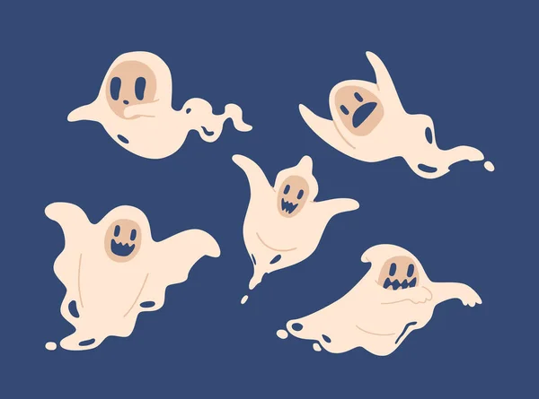 Cartoon Halloween Geister Figuren Fliegen Mit Verspielten Emotionen Vereinzelte Süße — Stockvektor
