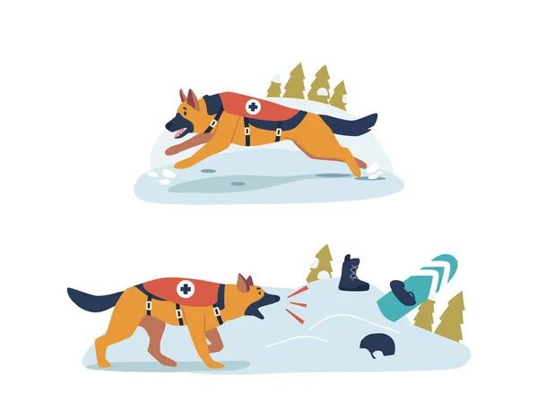 Посвящённая Спасательная Собака Бесстрашно Путешествует Коварным Снежным Горам Прыгает Лает — стоковый вектор