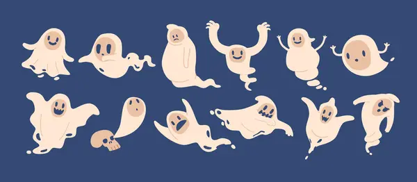 Fantasmas Halloween Dos Desenhos Animados Fantasmas Adoráveis Folha Branca Com — Vetor de Stock