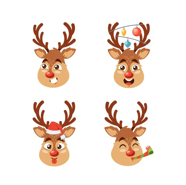 Tecknad Comical Christmas Deer Character Face Prydd Med Fåniga Leenden — Stock vektor