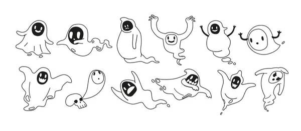 Conjunto Ícones Isolados Fantasmas Halloween Lineares Desenhe Personagens Fantasmas Voando — Vetor de Stock