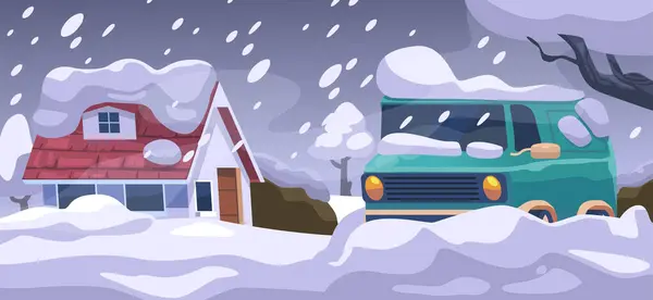 Blizzard Blankets The Countryside Landscape with House and car In A Relentless Whiteout. Nature Transforms The Serene Fields Into A Frozen, Desolate World Of Snow And Ice. Cartoon Vector Illustration