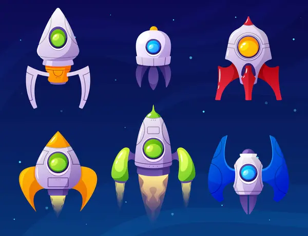Cartoon Spaceships Sky Game Elements Set Veículos Avançados Para Viagens — Vetor de Stock