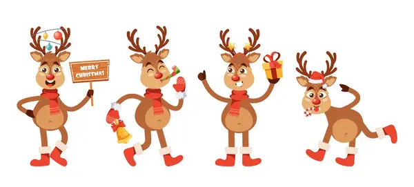 陽気なクリスマス ディア キャラクター 赤い手袋と飾られています スカーフと明るい赤いノーズ バナーを保持 ギフト ベルをリング エミューズ お祝い — ストックベクタ