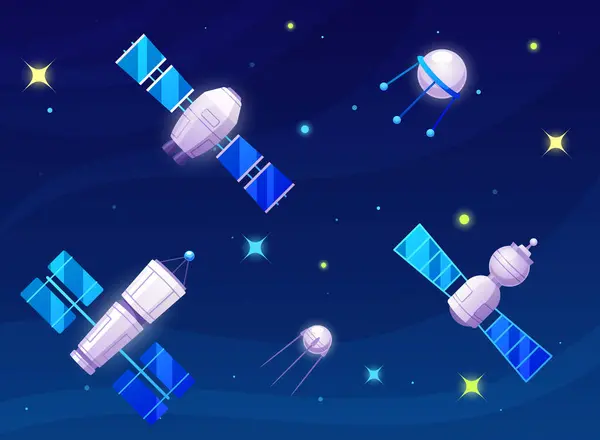 太空中的卫星 游戏背景描述 用轨道卫星 闪耀的恒星和遥远的星系 创造了一个迷人的太空冒险 卡通矢量图解 — 图库矢量图片