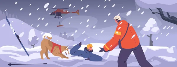 危険なブリザード自然災害の間 専用の救助隊員と彼の犬のキャラクターは雪の中でスキーヤースタックに助け 氷の混乱の中の安全を確保します ベクター イラスト — ストックベクタ