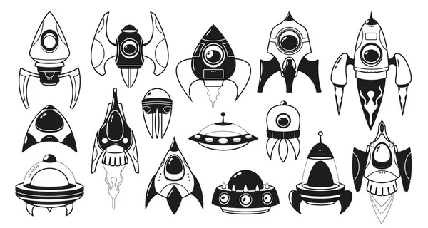 以空间为主题的黑白游戏图标集 特色的未来主义宇宙飞船 各有独特的设计和能力 预示着星际冒险 战斗和探索 病媒图解 — 图库矢量图片