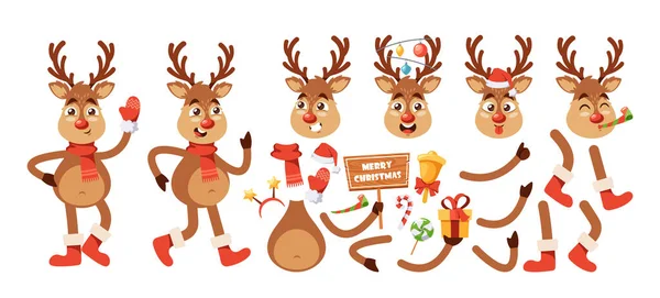 Julrådjur Tecknad Karaktär Konstruktör Renar Kroppsdelar Sweets Santa Hat Handskar — Stock vektor