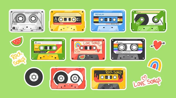 Vintage Audio Cassette Adesivi Collezione Etichette Retrò Cassette Classiche Perfette — Vettoriale Stock