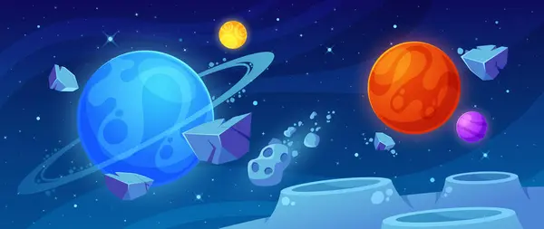 Kreskówkowe Żywe Tło Przestrzeni Kolorowymi Planetami Meteorytami Migoczącymi Gwiazdami Ciemnym — Wektor stockowy