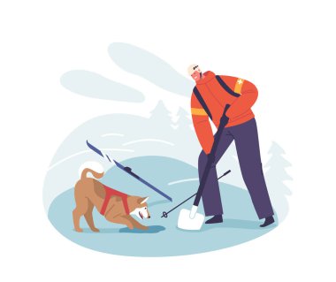 Cesur Kurtarıcı ve Sadık Köpek Karakterleri Dağlardaki çığ mağdurunu, takım çalışmasını, cesareti ve sarsılmaz kararlılığı kurtarmak için karları didik didik ediyor. Çizgi film İnsanları Vektör İllüstrasyonu