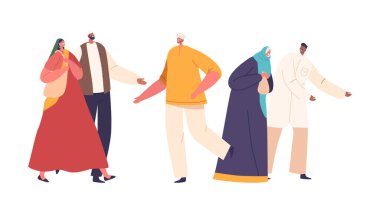 Arap halkından oluşan çeşitli bir grup, kıyafetleri ve ifadeleriyle birlik ve kültürel zenginlik yayıyor, miraslarını yansıtıyorlar. Doğu Erkek ve Kadın Karakterleri. Çizgi film Vektör İllüstrasyonu