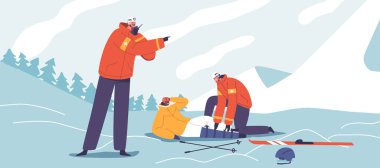 Cesur Kurtarıcılar, engebeli dağ arazisinde yaralı bir kayakçıya hayati yardım, takım çalışması, cesaret ve zorlu koşullarda güvenliğe bağlılık sağlar. Çizgi film Vektör İllüstrasyonu