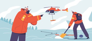 Cüretkar bir dağ kurtarma operasyonunda, bir helikopter yaralı bir kişiyi güvenli bir yere taşıdı. Gökyüzündeki Erkek Kahraman Karakterleri, Engebeli Arazi 'deki Yaralılara Umut Getiriyorlar. Çizgi film İnsanları Vektör İllüstrasyonu