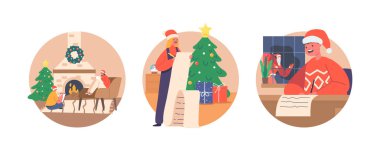 İzole edilmiş yuvarlak simgeler ya da Noel Baba 'ya Hayallerini ve Umutlarını Kalemle Kalem Tutan Görseller, Neşe ve Bayram Tezahüratı. Dilek yazan çocuklar, sezonun sihrini kucaklayın. Çizgi film Vektör İllüstrasyonu